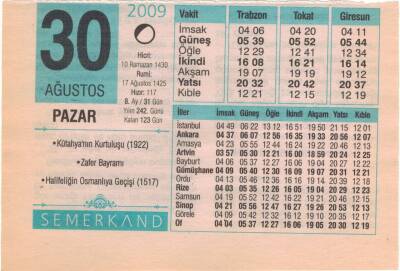30 Ağustos 2009 Takvim Yaprağı EFM(N)2569 - 1