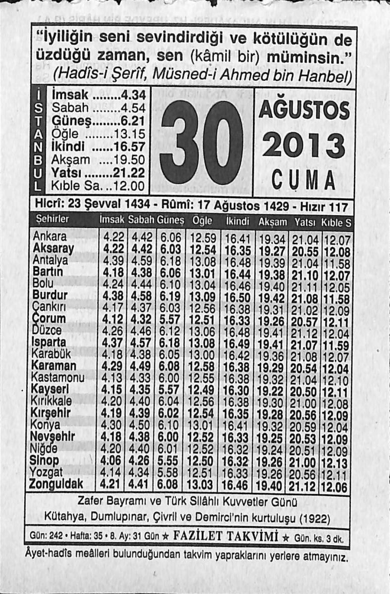 30 Ağustos 2013 Takvim Yaprağı - Doğum Günü Hediyesi EFMN13573 - 1