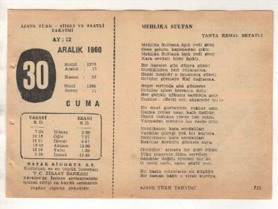 30 Aralık 1960 Ajans Türk Takvim Yaprağı (Şiirli Saatli) EFM(N) 1824 - 1