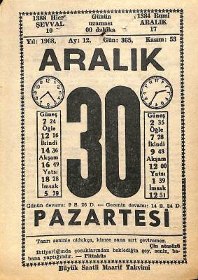 30 Aralık 1968 Takvim Yaprağı - Doğum Günü Hediyesi EFM(N)11048 - 1