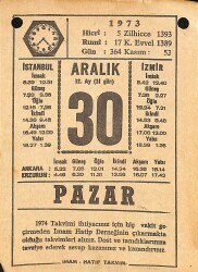 30 Aralık 1973 Takvim Yaprağı - Doğum Günü Hediyesi EFMN13657 - Gökçekoleksiyon