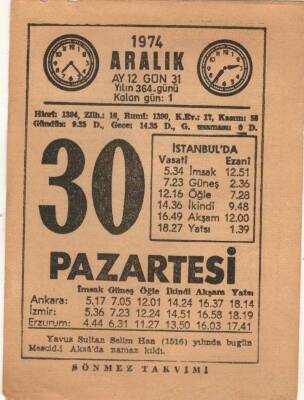 30 Aralık 1974 Takvim Yaprağı EFM(N)4312 - 1