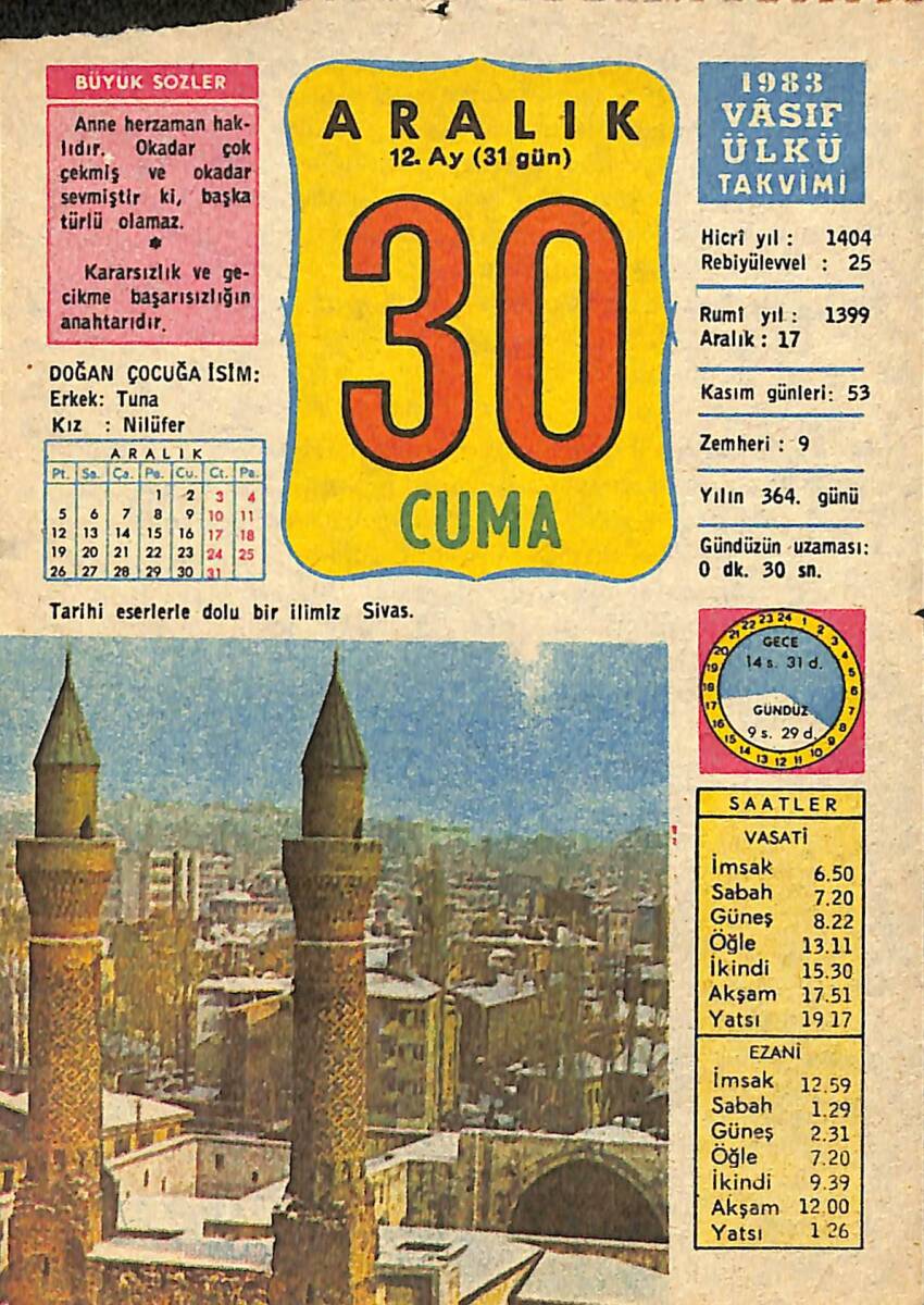 30 Aralık 1983 Takvim Yaprağı - Doğum Günü Hediyesi EFMN13692 - 1