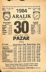 30 Aralık 1984 Takvim Yaprağı - Doğum Günü Hediyesi EFMN14494 - Gökçekoleksiyon