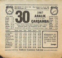 30 Aralık 1987 Takvim Yaprağı - Doğum Günü Hediyesi EFMN14981 - Gökçekoleksiyon