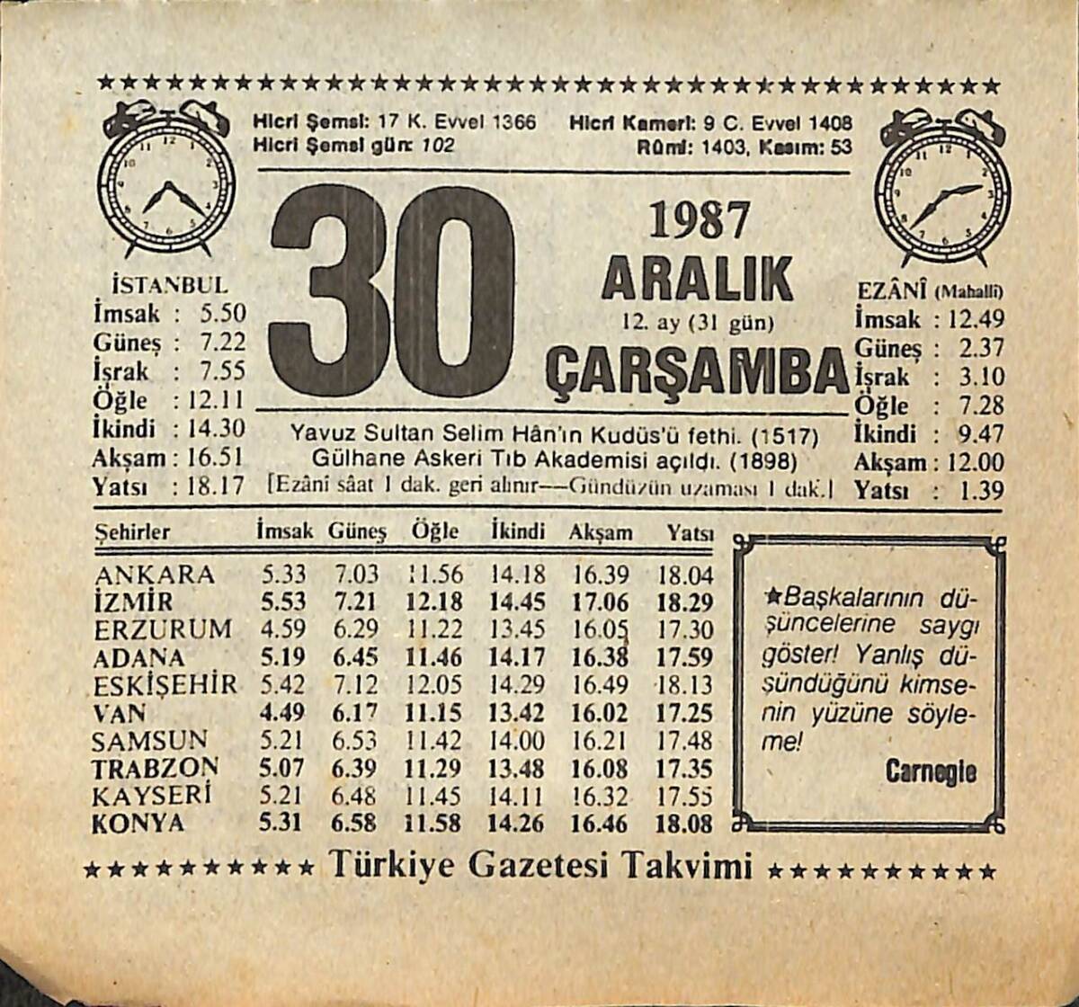 30 Aralık 1987 Takvim Yaprağı - Doğum Günü Hediyesi EFMN14981 - 1