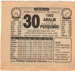 30 Aralık 1993 Takvim Yaprağı EFM(N)4251 - 3