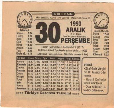 30 Aralık 1993 Takvim Yaprağı EFM(N)4251 - 3