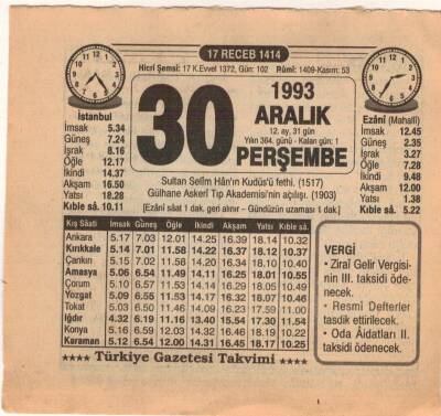 30 Aralık 1993 Takvim Yaprağı EFM(N)4251 - 1