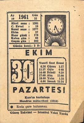 30 Ekim 1961 Takvim Yaprağı - Doğum Günü Hediyesi EFM(N)11411 - 1