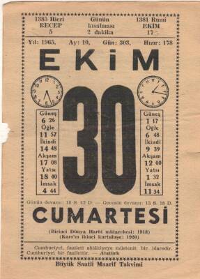 30 Ekim 1965 Takvim Yaprağı EFM(N)3582 - 2