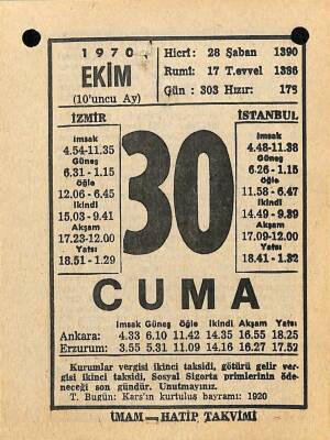 30 Ekim 1970 Takvim Yaprağı - Doğum Günü Hediyesi EFM(N)10560 - 3