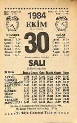 30 Ekim 1984 Takvim Yaprağı - Doğum Günü Hediyesi EFMN14553 - Gökçekoleksiyon