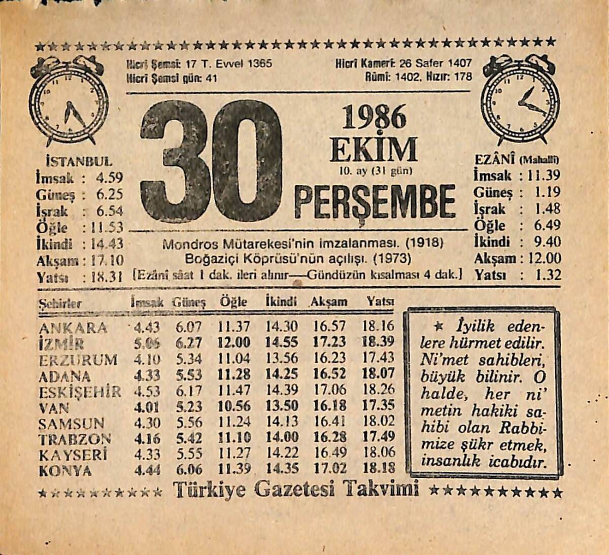 30 Ekim 1986 Takvim Yaprağı - Doğum Günü Hediyesi EFMN14901 - 1
