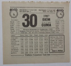 30 Ekim 1987 Takvim Yaprağı - Doğum Günü Hediyesi EFM(N)7138 - Gökçekoleksiyon