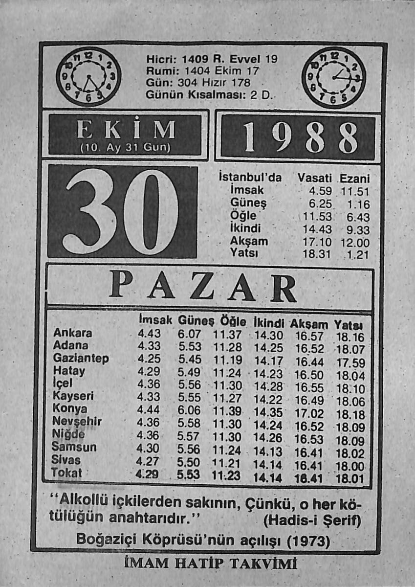 30 Ekim 1988 Takvim Yaprağı - Doğum Günü Hediyesi EFMN14631 - 1
