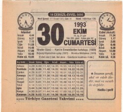30 Ekim 1993 Takvim Yaprağı EFM(N)3186 - 3