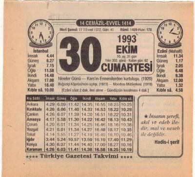 30 Ekim 1993 Takvim Yaprağı EFM(N)3186 - 3