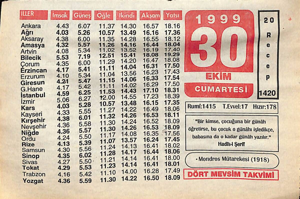 30 Ekim 1999 Takvim Yaprağı - Doğum Günü Hediyesi EFMN14057 - 1