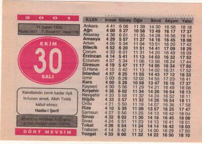 30 Ekim 2001 Takvim Yaprağı EFM(N)3751 - 1