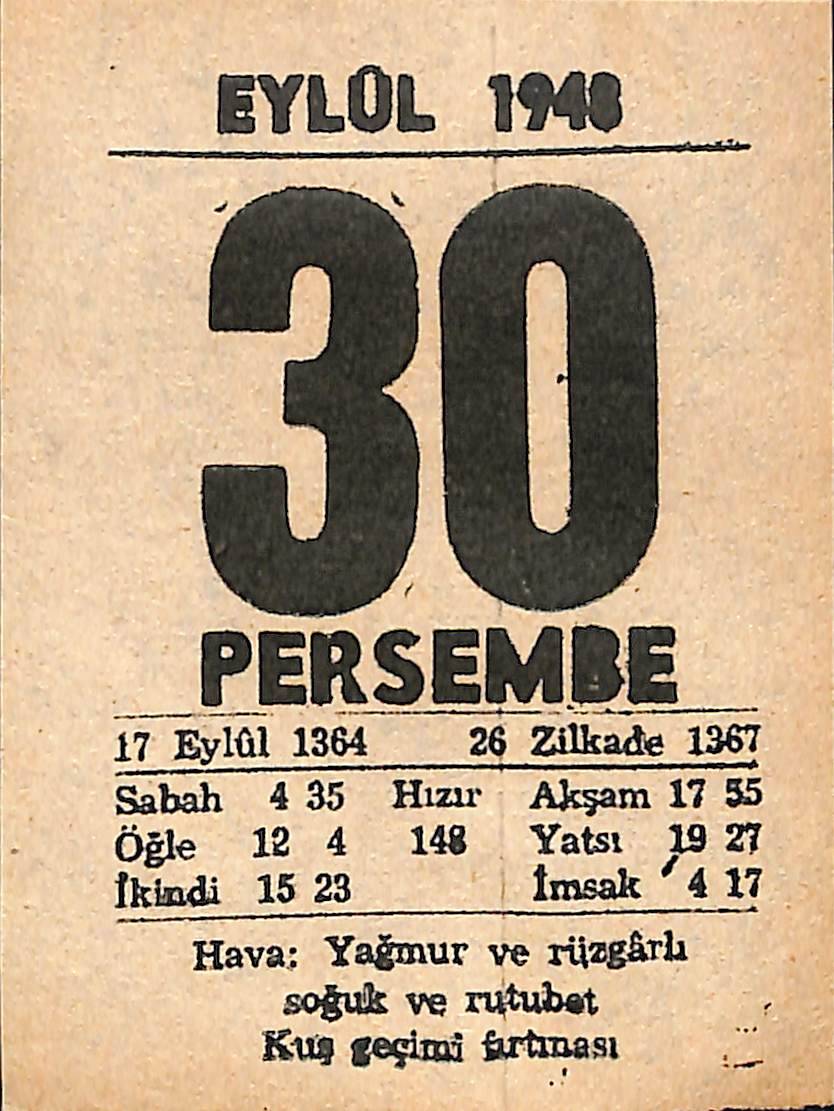30 Eylül 1948 Takvim Yaprağı - Doğum Günü Hediyesi EFMN14377 - 1