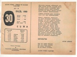 30 Eylül 1960 Ajans Türk Takvim Yaprağı (Şiirli Saatli) EFM(N) 1737 - 4