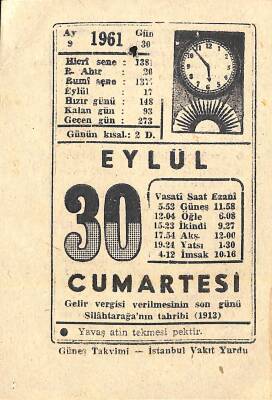 30 Eylül 1961 Takvim Yaprağı - Doğum Günü Hediyesi EFM(N)11410 - 1