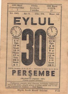 30 Eylül 1965 Takvim Yaprağı EFM(N)3646 - 2