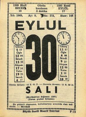 30 Eylül 1969 Takvim Yaprağı - Doğum Günü Hediyesi EFM(N)11135 - 1