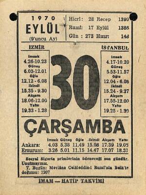 30 Eylül 1970 Takvim Yaprağı - Doğum Günü Hediyesi EFM(N)9906 - 1