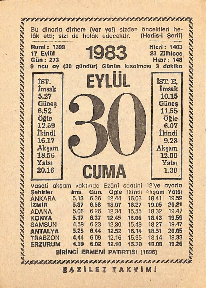 30 Eylül 1983 Takvim Yaprağı - Doğum Günü Hediyesi EFMN15379 - 1