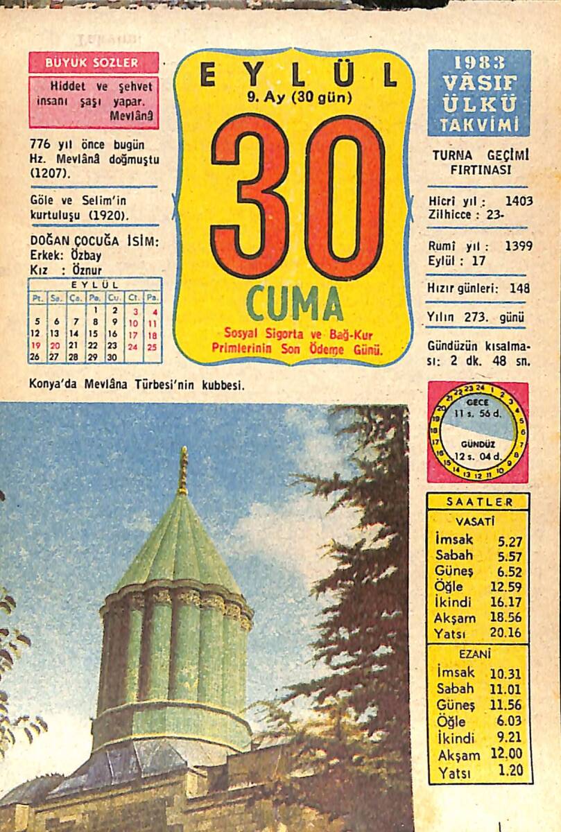 30 Eylül 1983 Takvim Yaprağı - Doğum Günü Hediyesi EFMN15916 - 1