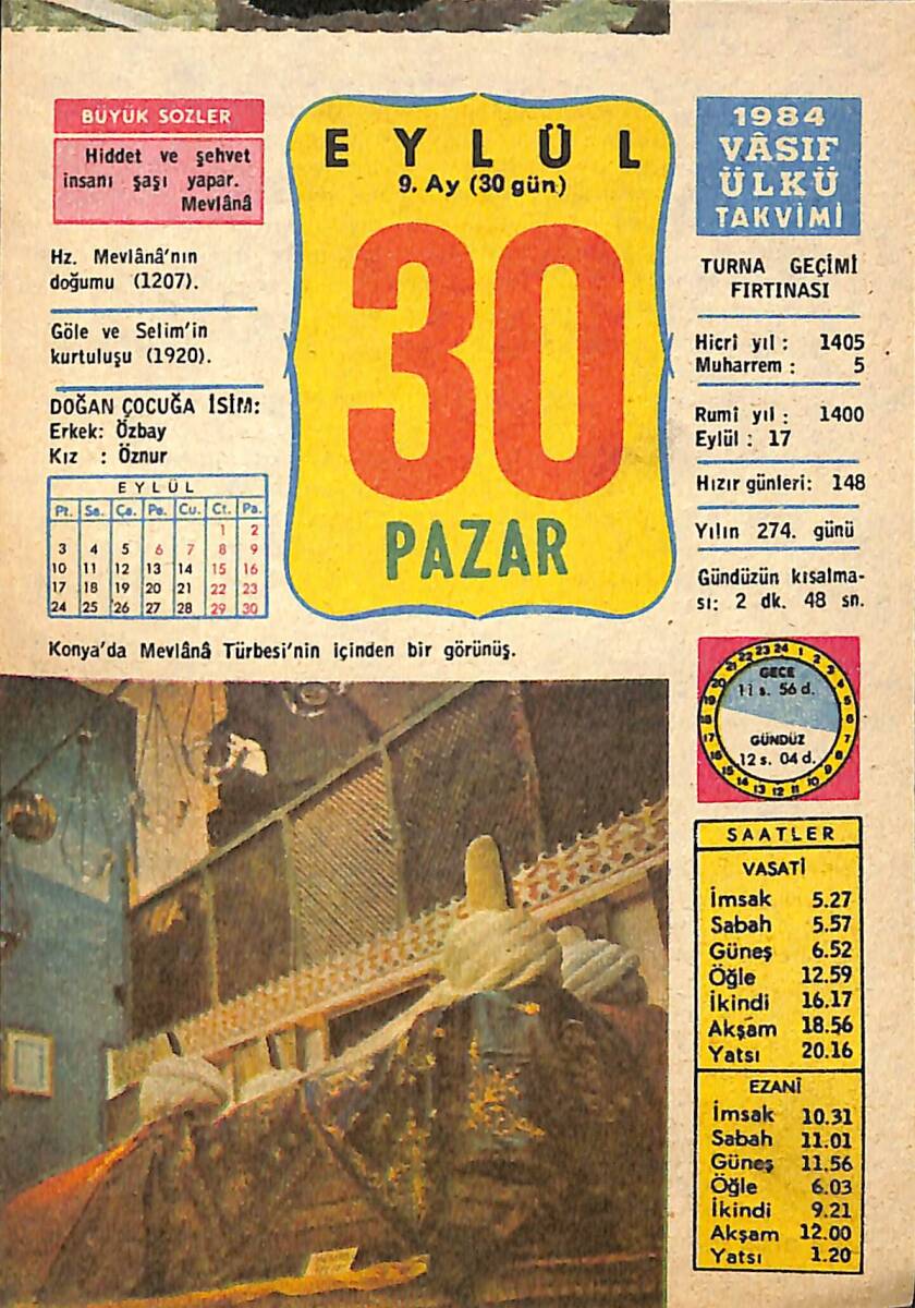 30 Eylül 1984 Takvim Yaprağı - Doğum Günü Hediyesi EFMN14836 - 1