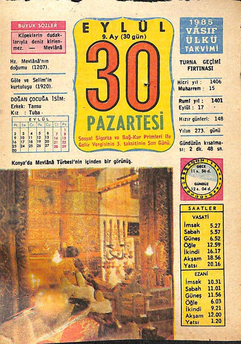 30 Eylül 1985 Takvim Yaprağı - Doğum Günü Hediyesi EFMN14024 - 1
