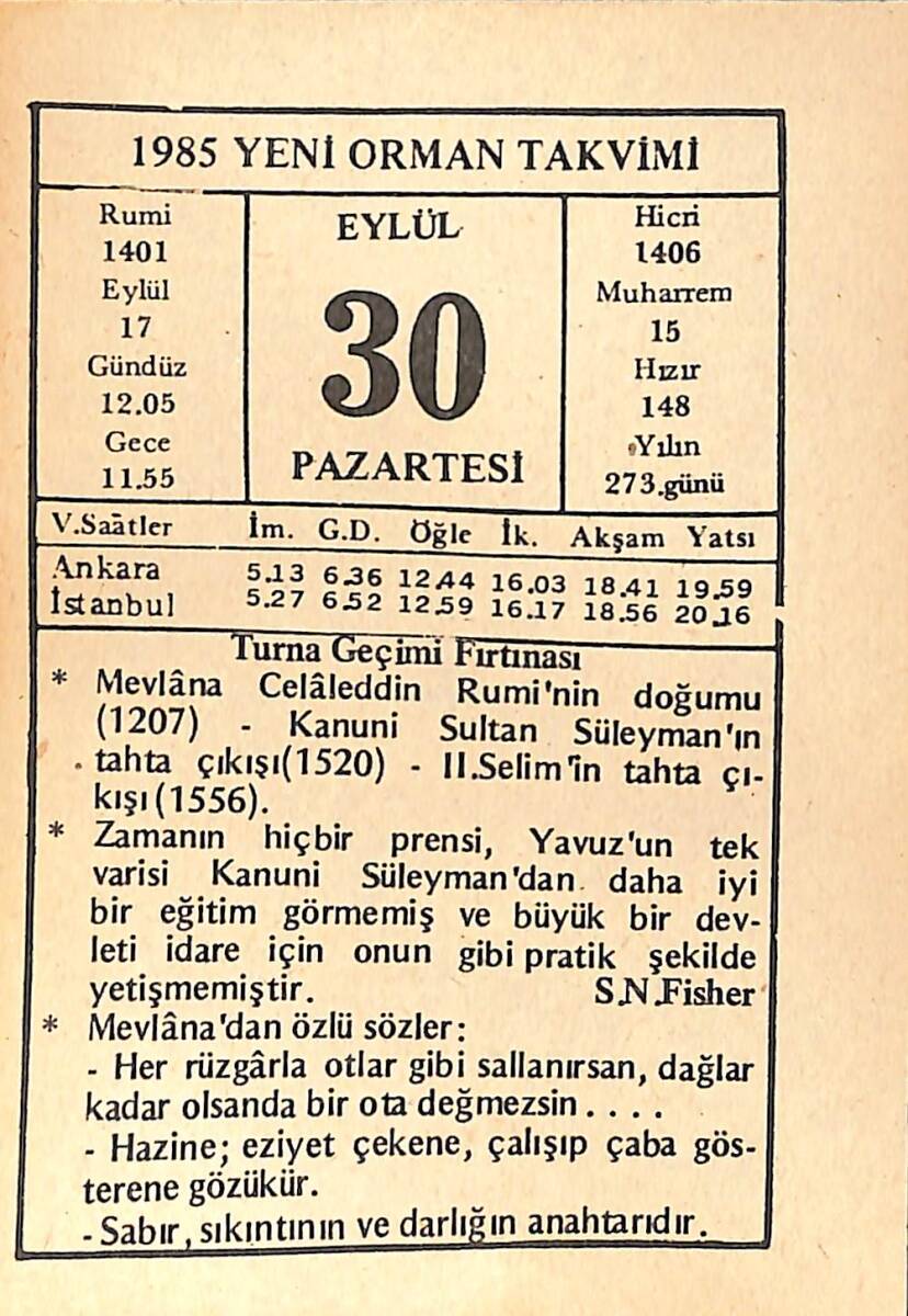 30 Eylül 1985 Takvim Yaprağı - Doğum Günü Hediyesi EFMN14969 - 1