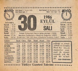 30 Eylül 1986 Takvim Yaprağı - Doğum Günü Hediyesi EFMN14931 - Gökçekoleksiyon