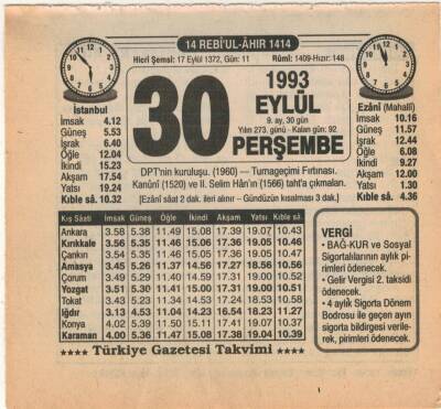 30 Eylül 1993 Takvim Yaprağı EFM(N)2902 - 3