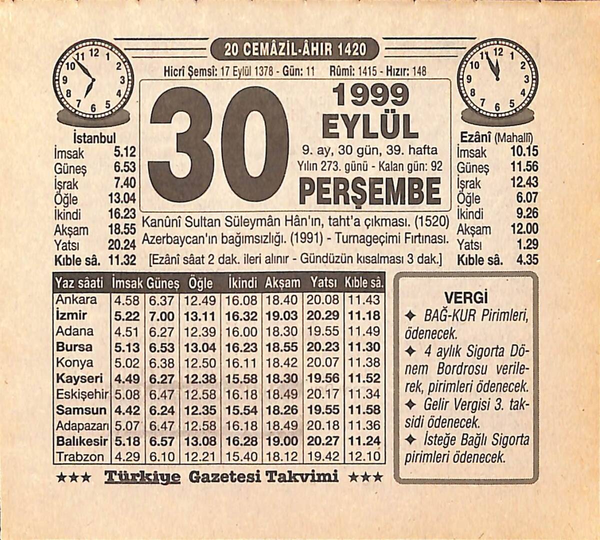 30 Eylül 1999 Takvim Yaprağı - Doğum Günü Hediyesi EFMN15477 - 1