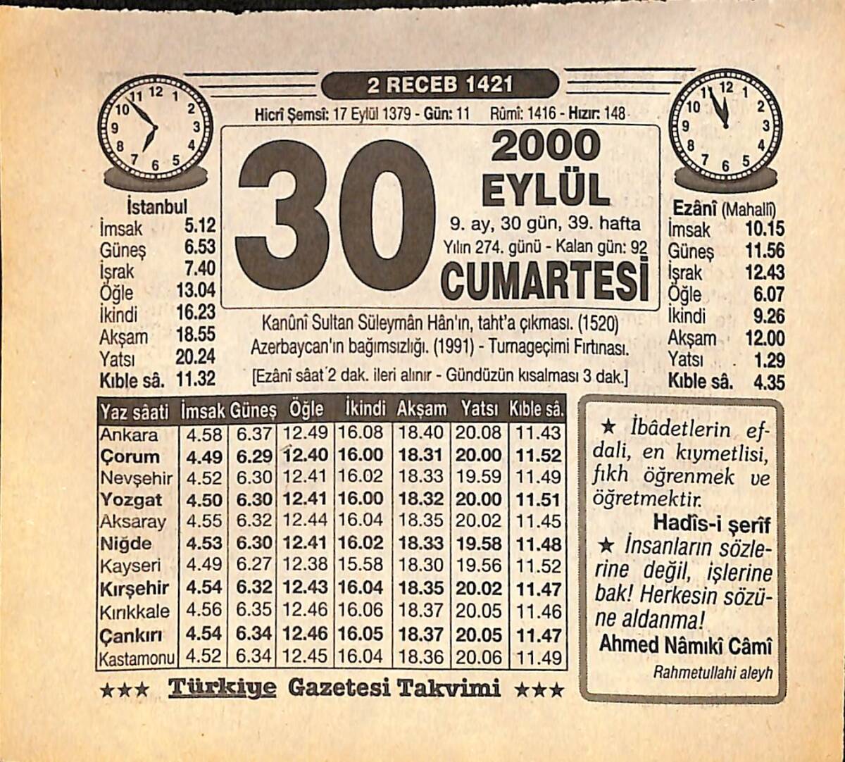 30 Eylül 2000 Takvim Yaprağı - Doğum Günü Hediyesi EFMN14230 - 1