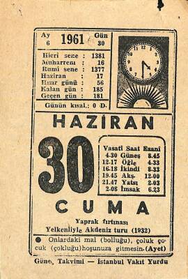 30 Haziran 1961 Takvim Yaprağı - Doğum Günü Hediyesi EFM(N)11449 - 1