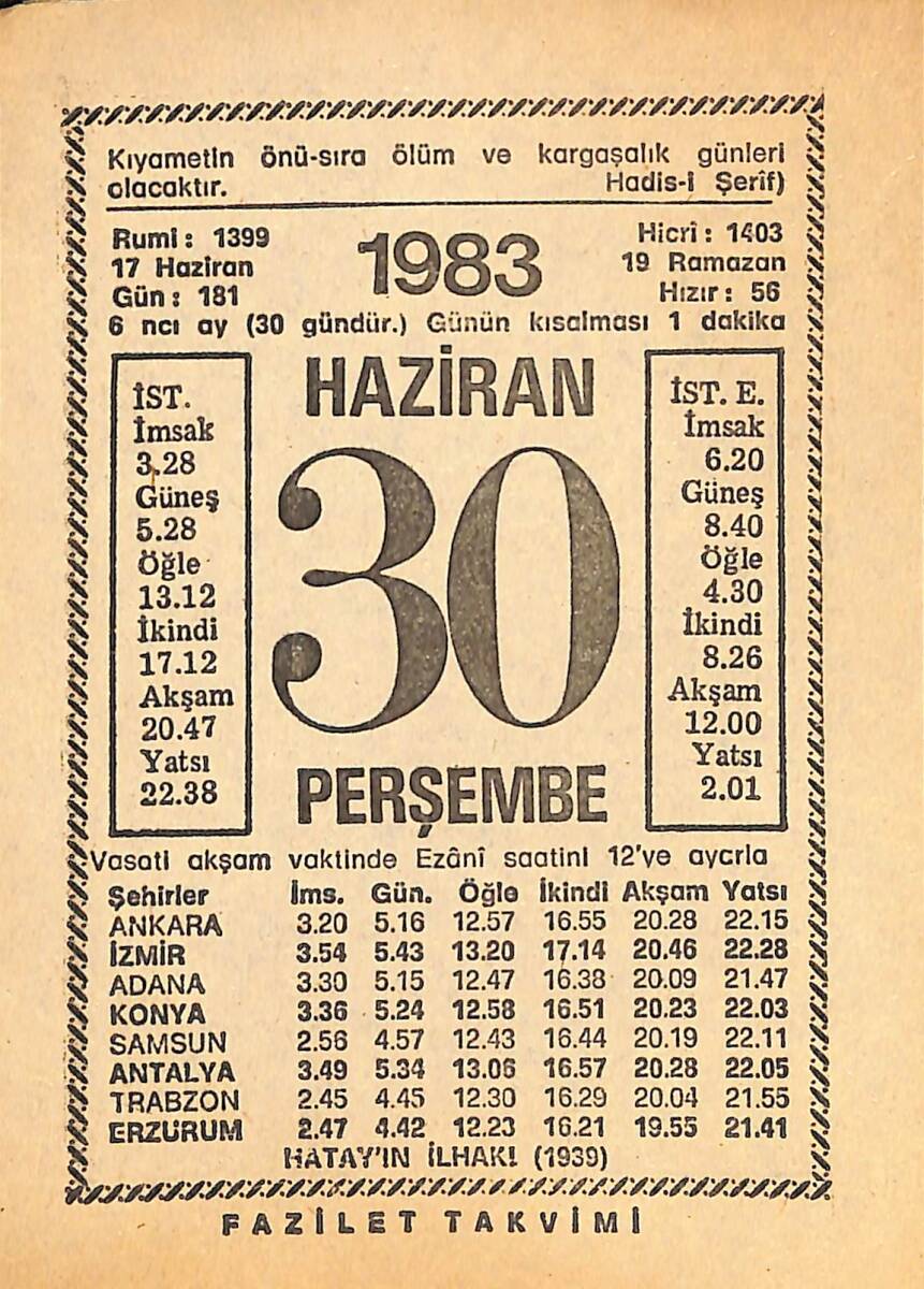 30 Haziran 1983 Takvim Yaprağı - Doğum Günü Hediyesi EFMN15371 - 1