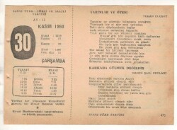 30 Kasım 1960 Ajans Türk Takvim Yaprağı (Şiirli Saatli) EFM(N) 1796 - 4