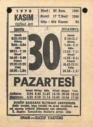 30 Kasım 1970 Takvim Yaprağı - Doğum Günü Hediyesi EFM(N)10762 - 3