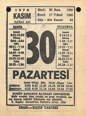 30 Kasım 1970 Takvim Yaprağı - Doğum Günü Hediyesi EFM(N)10762 - 3