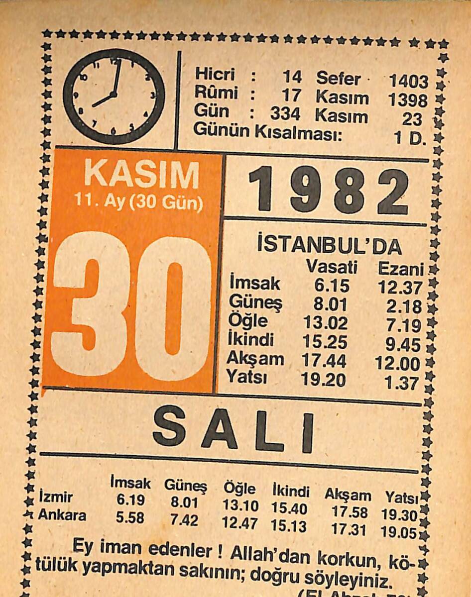 30 Kasım 1982 Takvim Yaprağı - Doğum Günü Hediyesi EFMN15961 - 1