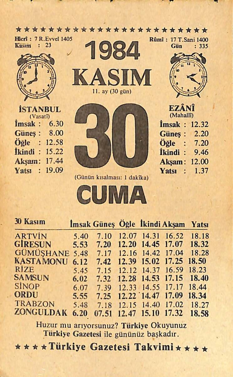 30 Kasım 1984 Takvim Yaprağı - Doğum Günü Hediyesi EFMN14524 - 1