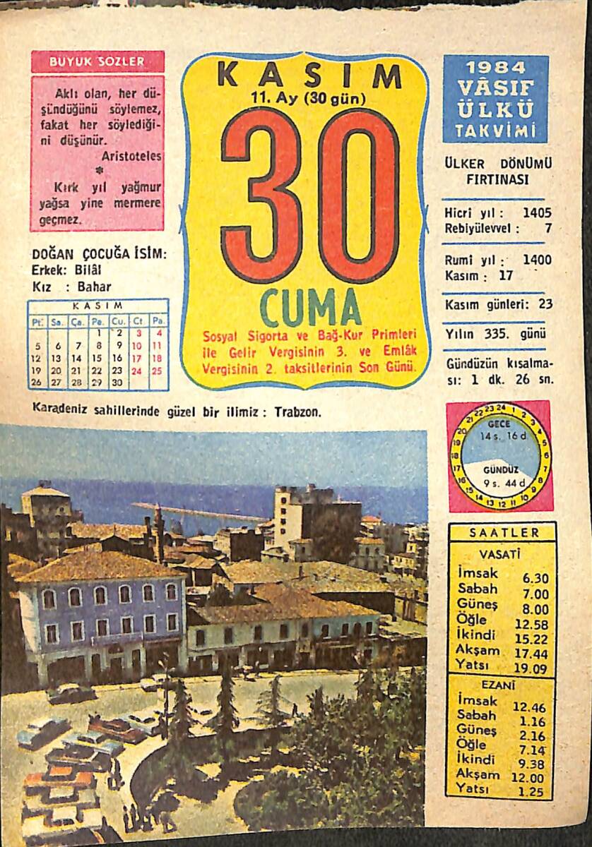 30 Kasım 1984 Takvim Yaprağı - Doğum Günü Hediyesi EFMN14781 - 1