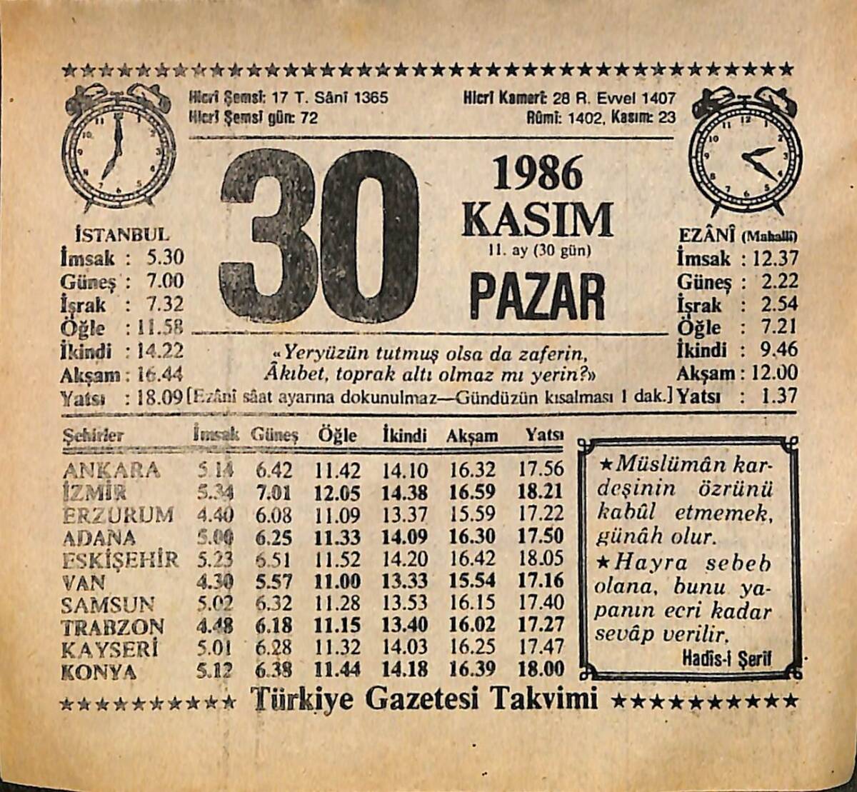 30 Kasım 1986 Takvim Yaprağı - Doğum Günü Hediyesi EFMN14873 - 1