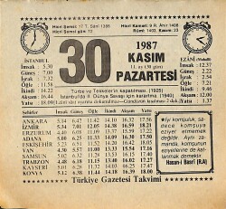 30 Kasım 1987 Takvim Yaprağı - Doğum Günü Hediyesi EFMN15011 - Gökçekoleksiyon