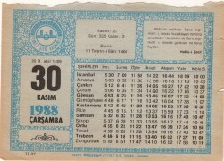 30 Kasım 1988 Takvim Yaprağı EFM(N)3460 - Gökçekoleksiyon